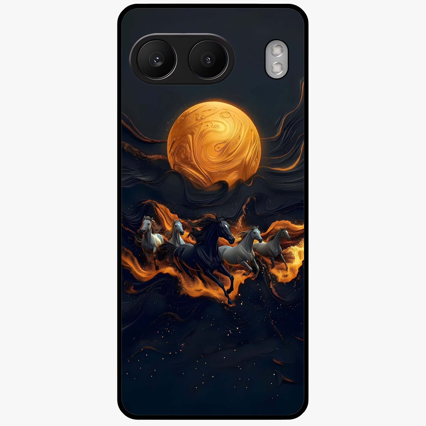 Golden Stallion Moonride Glass Case for 1+Nord 4 majestic front view featuring horse artwork under golden moonlight