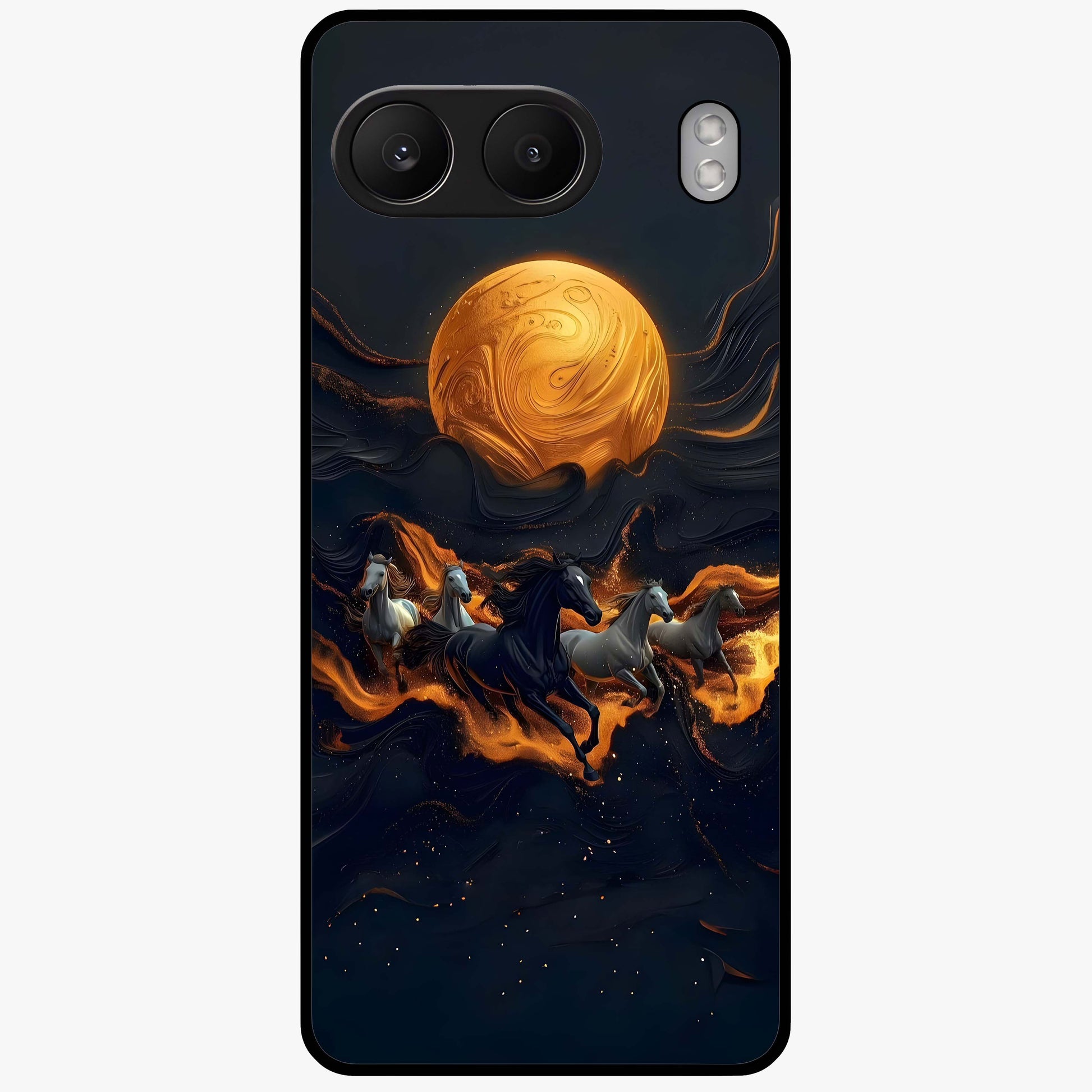 Golden Stallion Moonride Glass Case for 1+Nord 4 majestic front view featuring horse artwork under golden moonlight