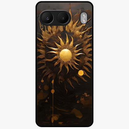 Golden Sun Majesty Glass Case for 1+Nord 4 radiant front view featuring majestic sun artwork in golden hues
