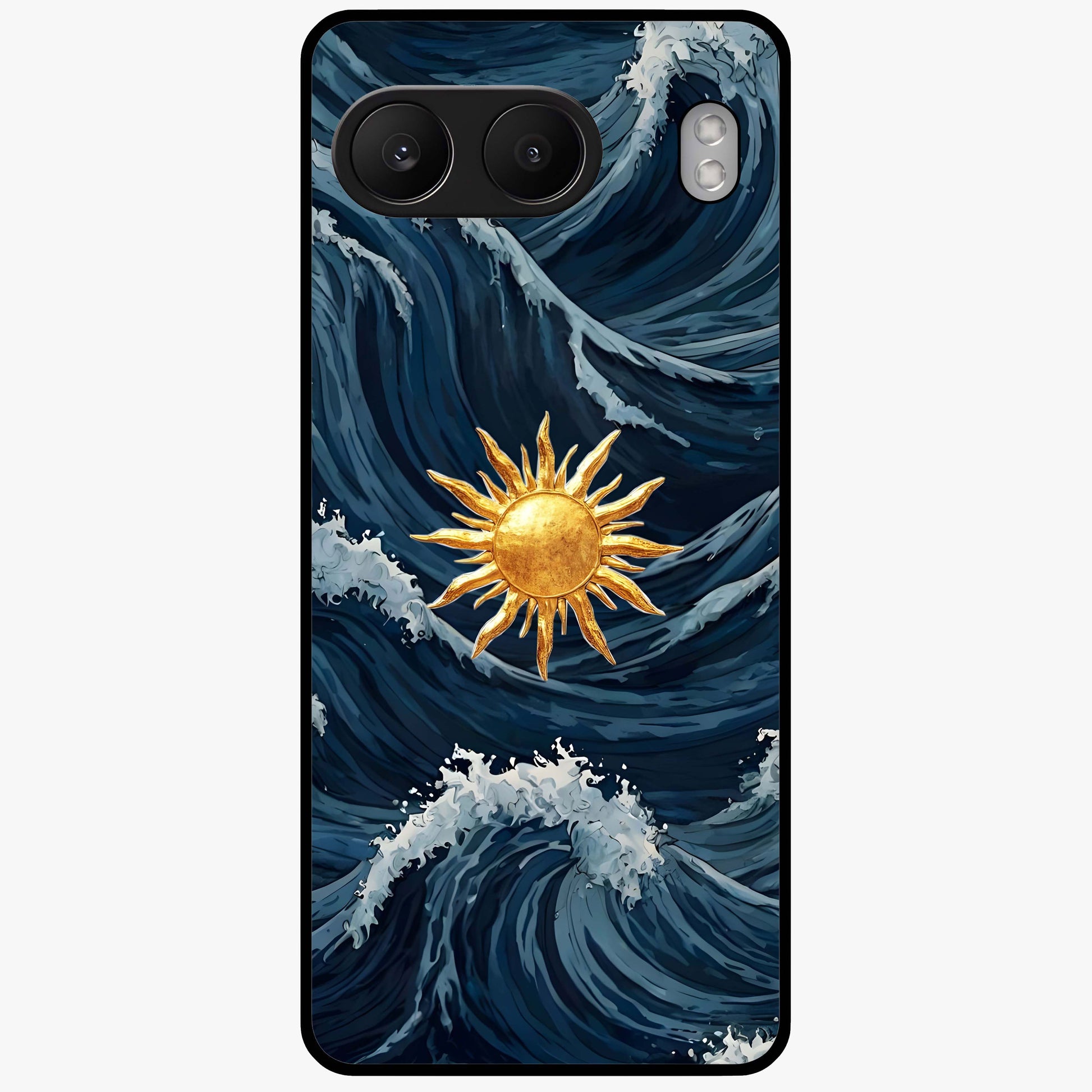 Golden Wave Rise Glass Case for 1+Nord 4 dynamic front view featuring flowing wave artwork in golden tones