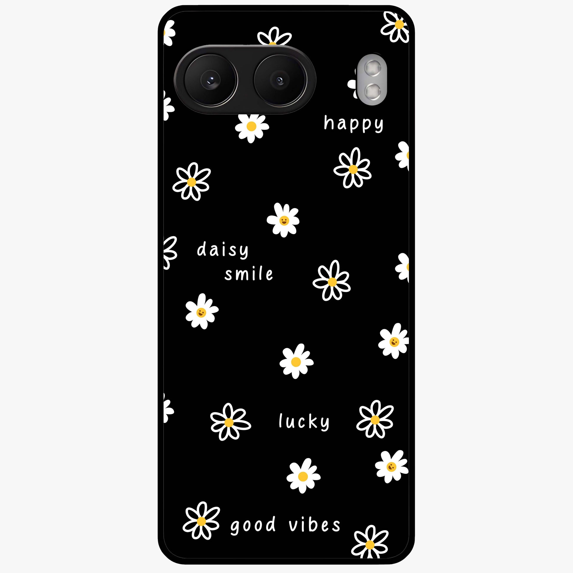 Good Vibes Daisy Black Pattern Glass Case for 1+Nord 4 stylish front view featuring white daisy artwork on black background