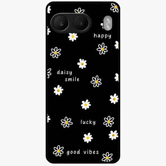 Good Vibes Daisy Black Pattern Glass Case for 1+Nord 4 stylish front view featuring white daisy artwork on black background
