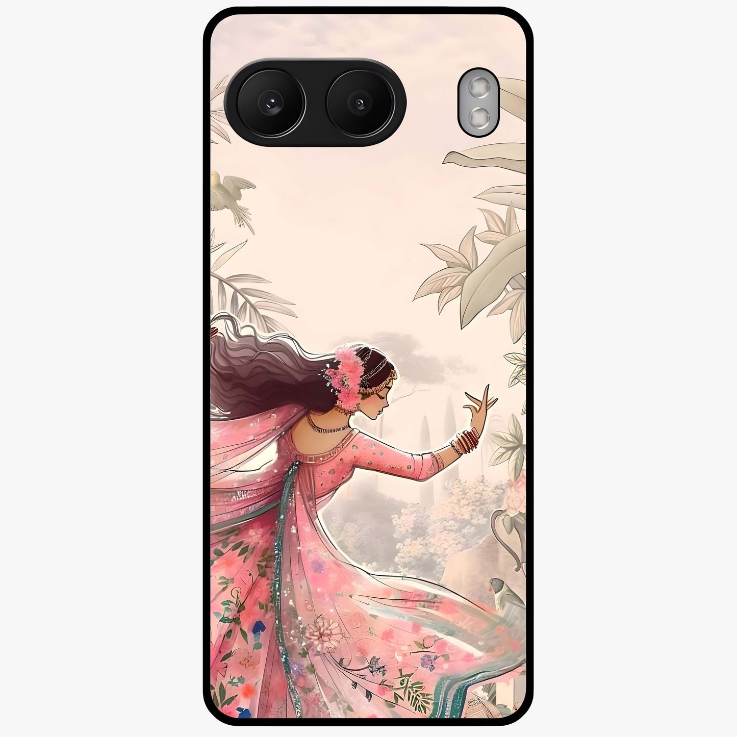 Graceful Garden Rhythm Glass Case for 1+Nord 4 elegant front view featuring flowing floral garden artwork