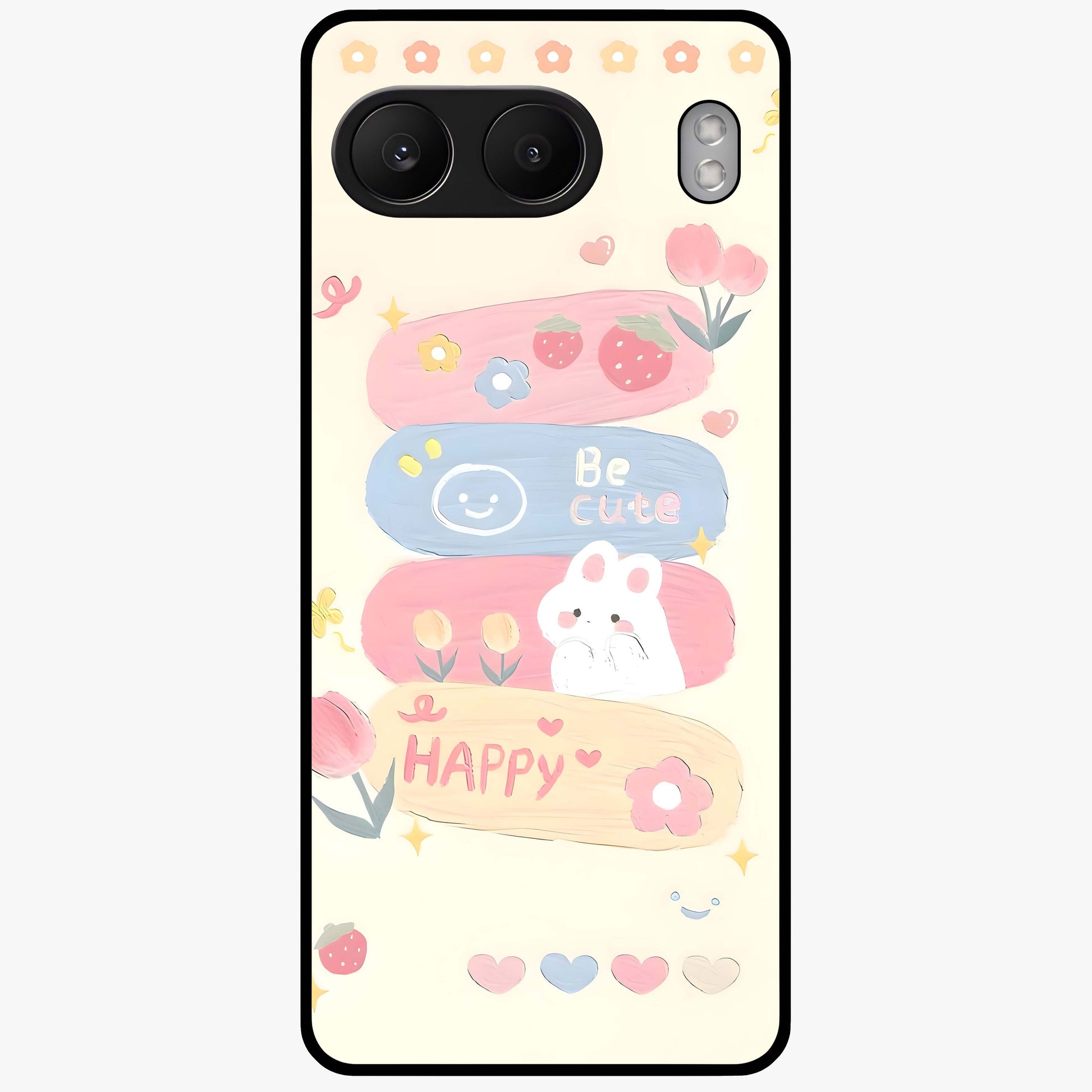Happy Cute Bunny Glass Case for 1+Nord 4 adorable front view featuring playful bunny artwork