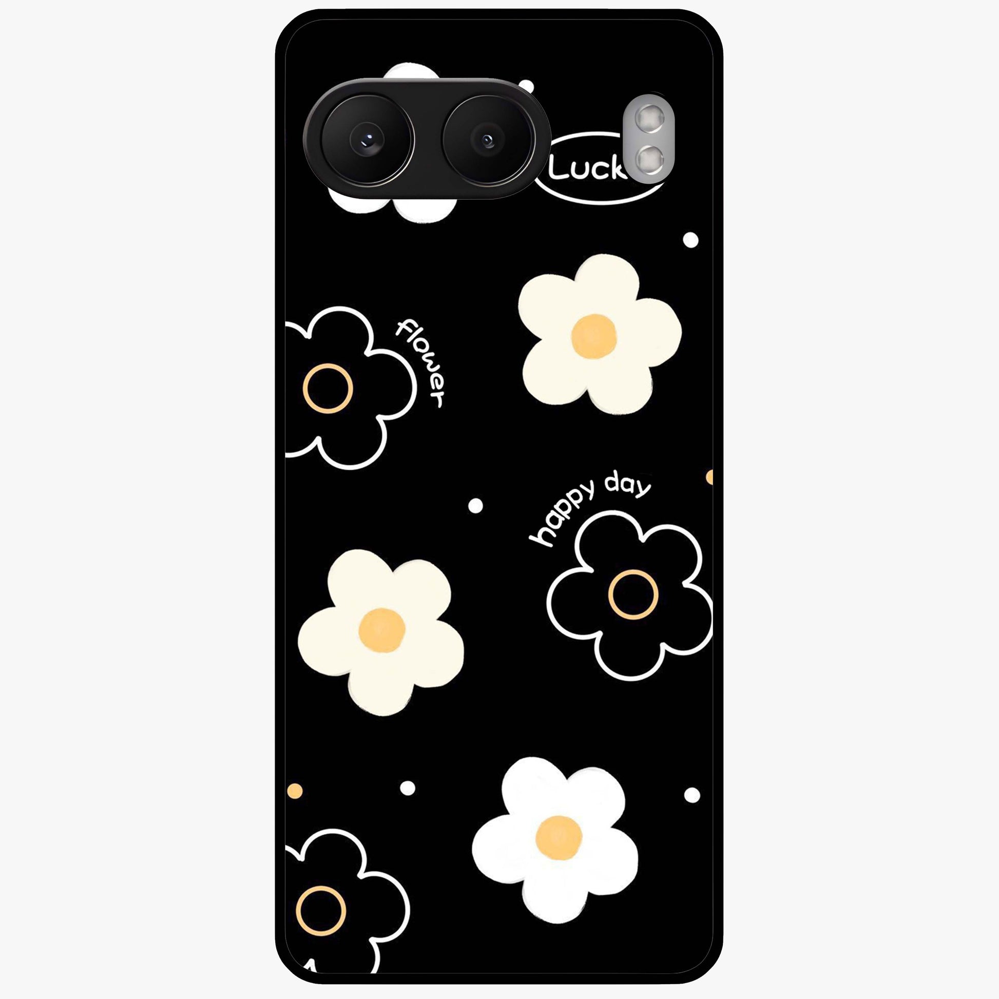 Happy Day Daisy Glass Case for 1+Nord 4 cheerful front view featuring bright daisy floral artwork