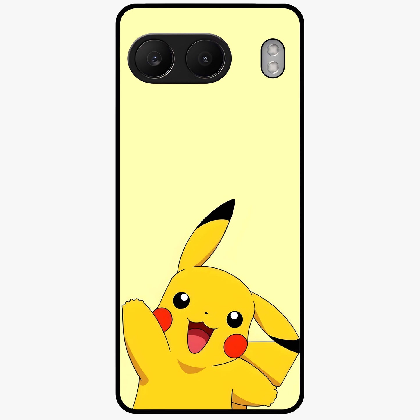 Happy Electric Pikachu Glass Case for 1+Nord 4 energetic front view featuring electric themed cartoon artwork