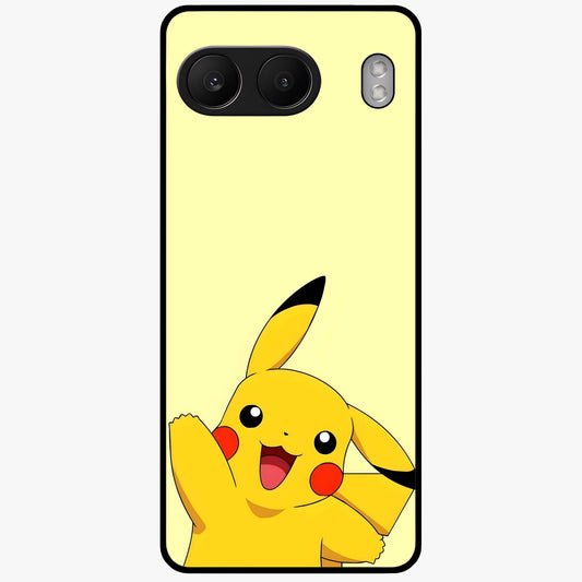 Happy Electric Pikachu Glass Case for 1+Nord 4 energetic front view featuring electric themed cartoon artwork