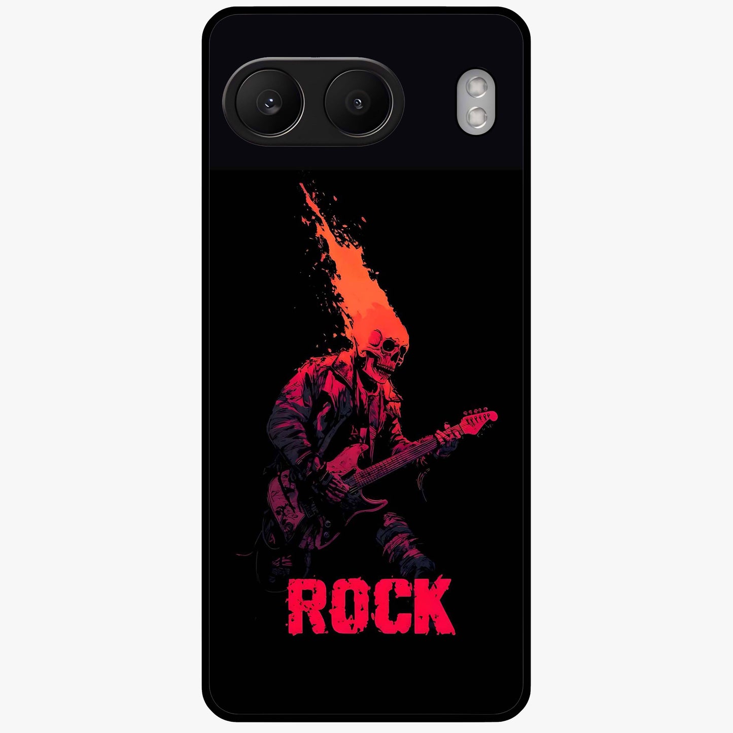 Hellfire Rock Anthem Glass Case for 1+Nord 4 showing full back design in clean flat view with fiery rock-inspired artwork and glossy glass finish.