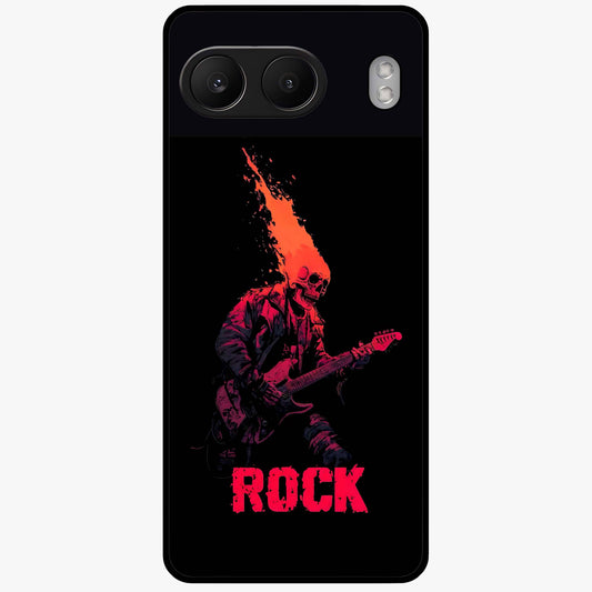 Hellfire Rock Anthem Glass Case for 1+Nord 4 showing full back design in clean flat view with fiery rock-inspired artwork and glossy glass finish.