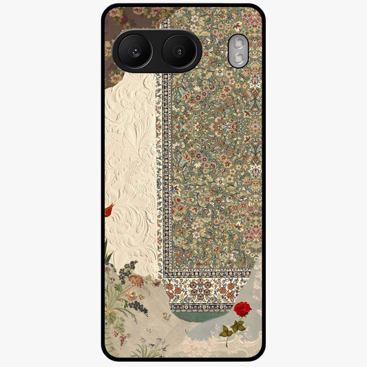 Heritage Textile Layers Glass Case for 1+Nord 4 showing full back design in clean flat view with layered textile-inspired artwork and glossy glass finish.