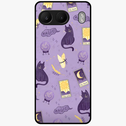 Humble Magic Cats Glass Case for 1+Nord 4 showing full back design in clean flat view with whimsical cat artwork and glossy glass finish.