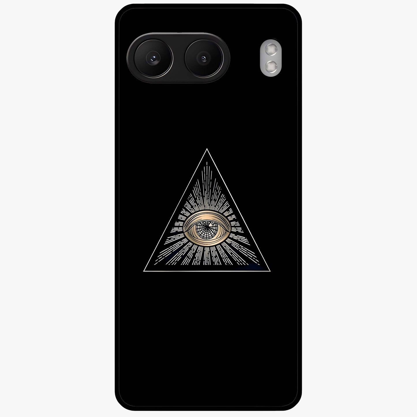 Illuminati Evil Glass Case for 1+Nord 4 showing full back design in clean flat view with bold symbolic artwork and glossy glass finish.