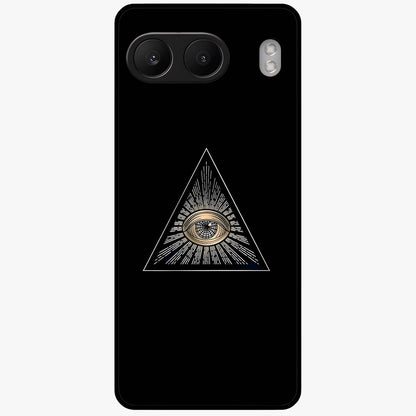Illuminati Evil Glass Case for 1+Nord 4 showing full back design in clean flat view with bold symbolic artwork and glossy glass finish.
