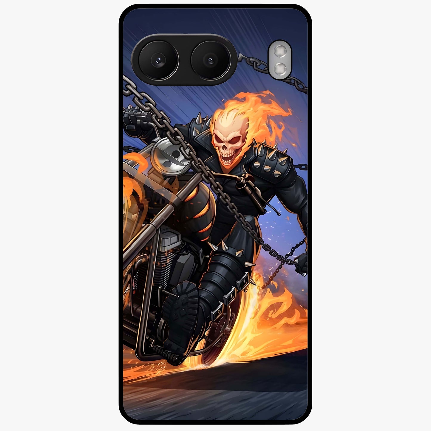 Inferno Chain Rider Glass Case for 1+Nord 4 showing full back design in clean flat view with fiery chain rider artwork and glossy glass finish.