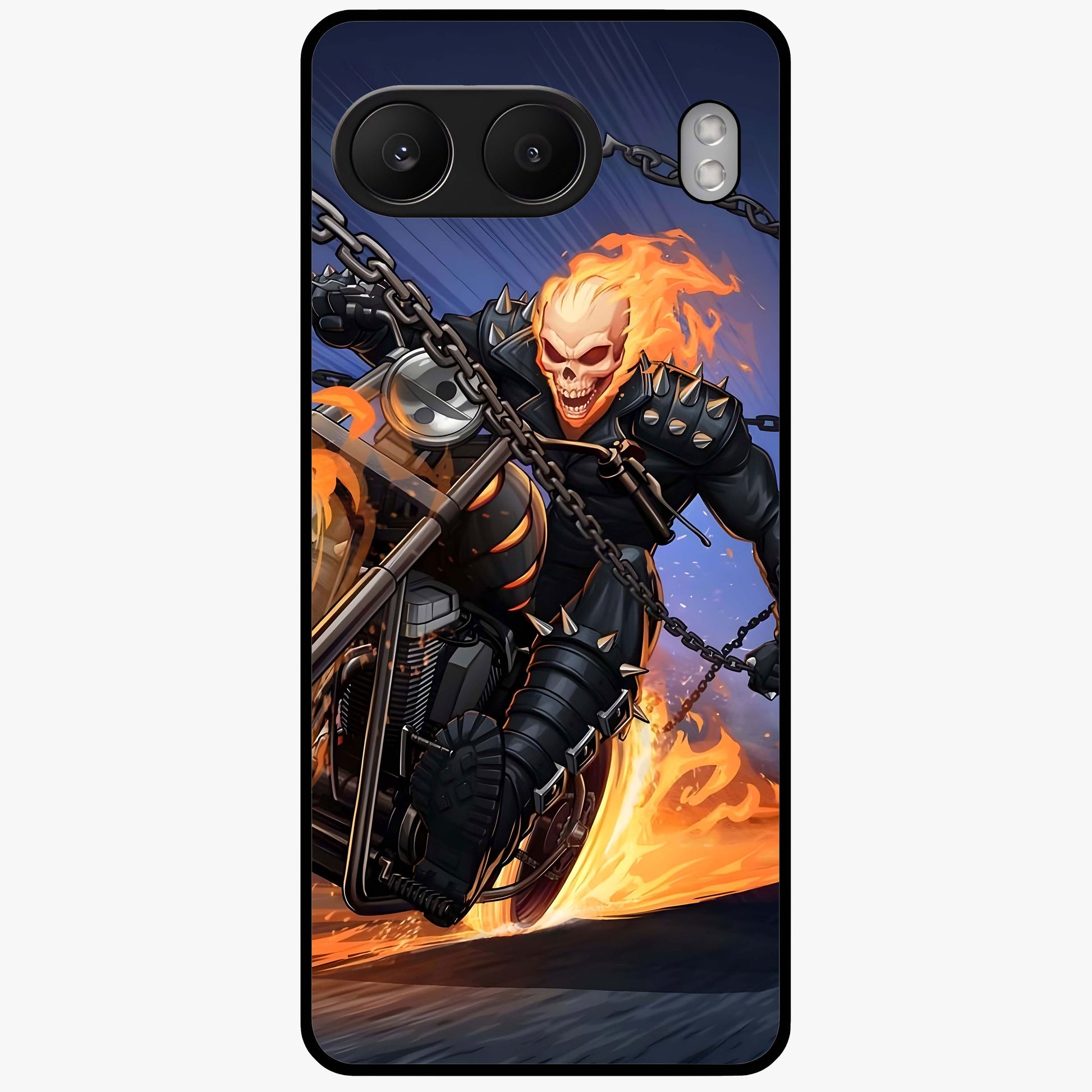 Inferno Chain Rider Glass Case for 1+Nord 4 showing full back design in clean flat view with fiery chain rider artwork and glossy glass finish.