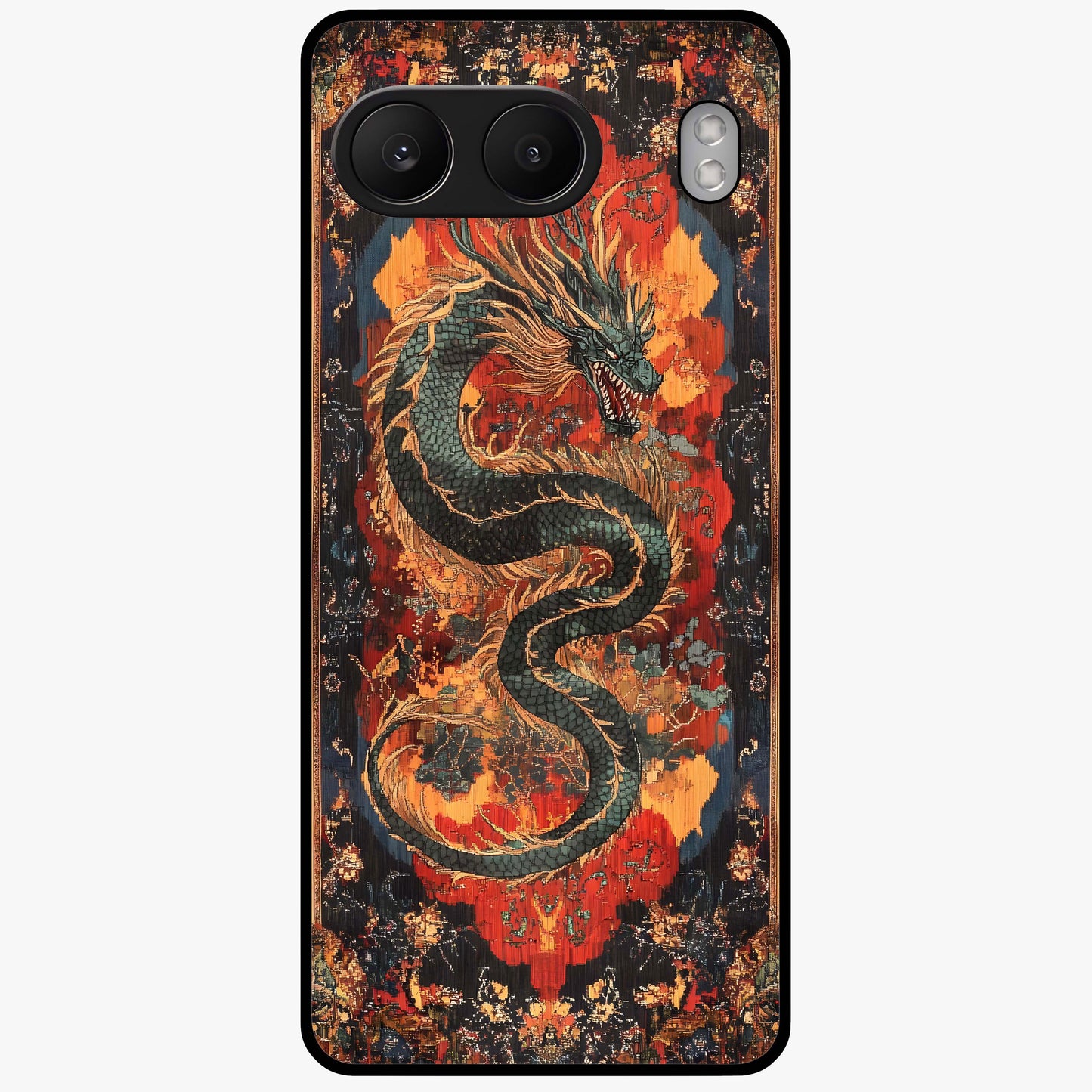 Inferno Dragon Soul Glass Case for 1+Nord 4 showing full back design in clean flat view with blazing dragon artwork and glossy glass finish.