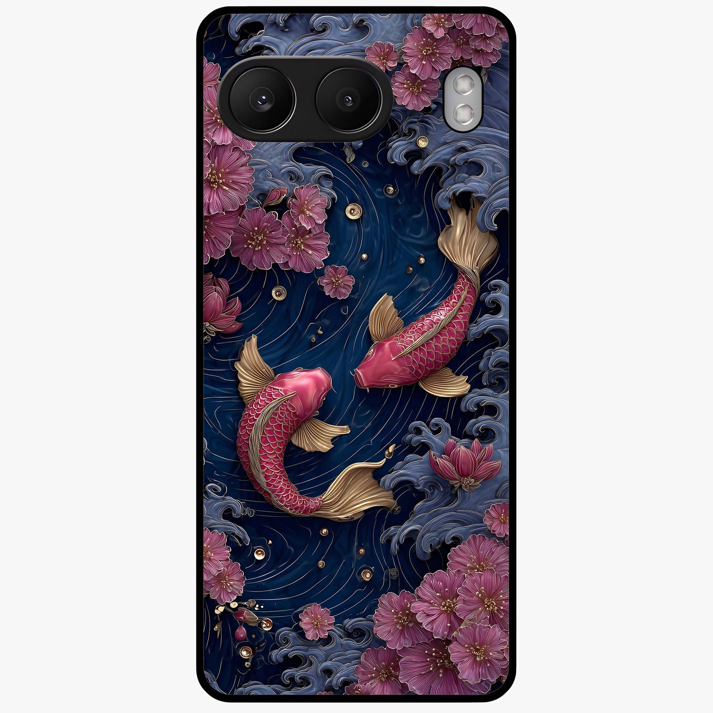 Koi Wave Dance Glass Case for 1+Nord 4 artistic front view featuring flowing koi fish artwork with wave patterns