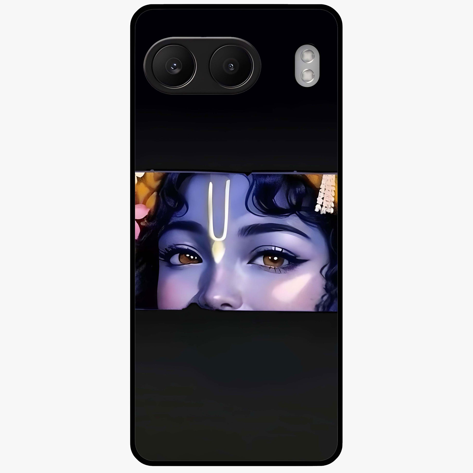 Krishna Divine Embrace Glass Case for 1+Nord 4 serene front view featuring devotional Krishna inspired artwork