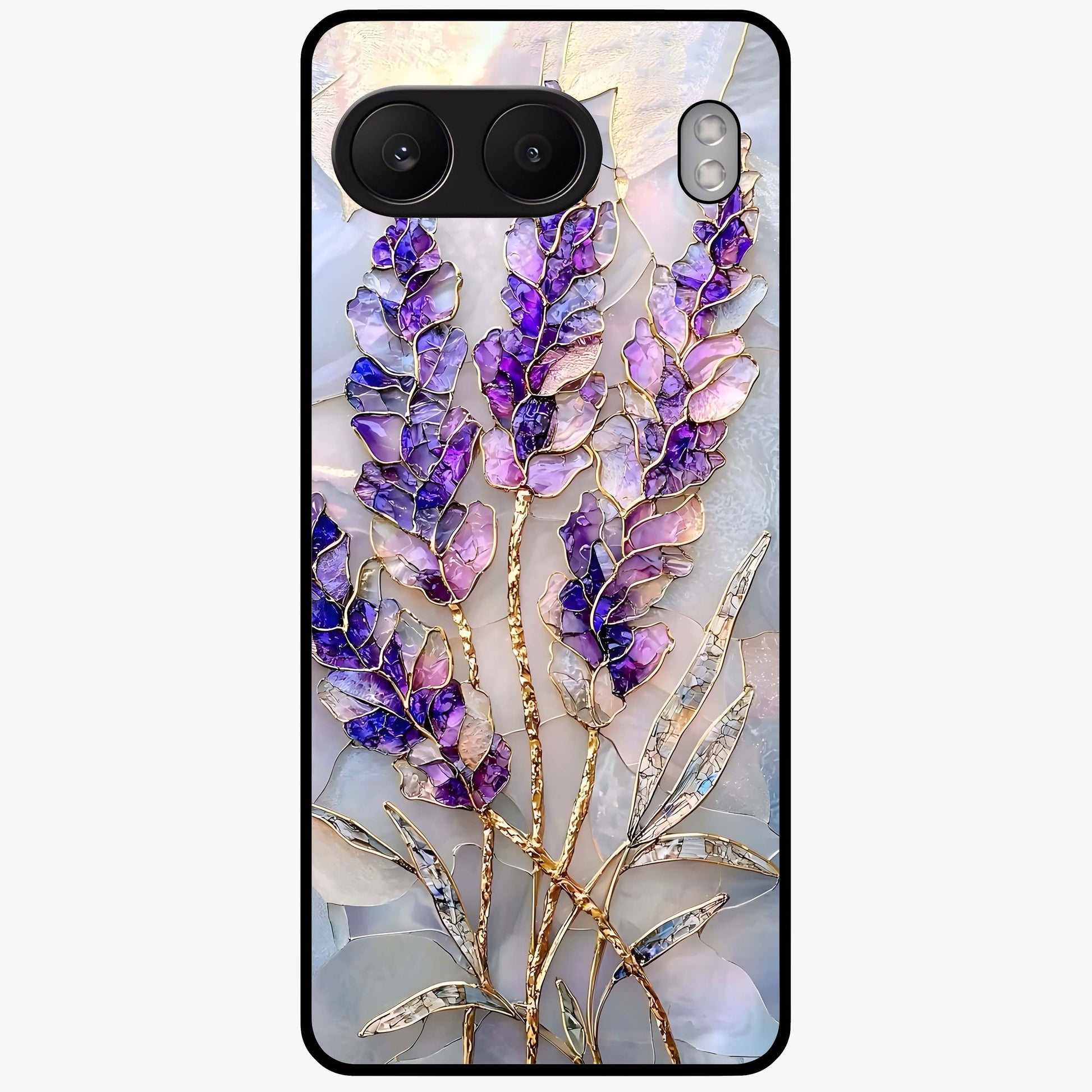 Lavender Dream Glow Glass Case for 1+Nord 4 radiant front view featuring glowing lavender inspired artwork