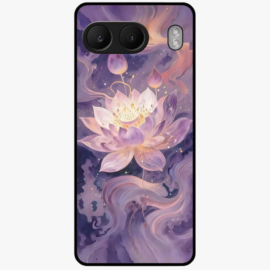 Lavender Lotus Muse Glass Case for 1+Nord 4 elegant front view featuring lotus artwork in calming lavender tones