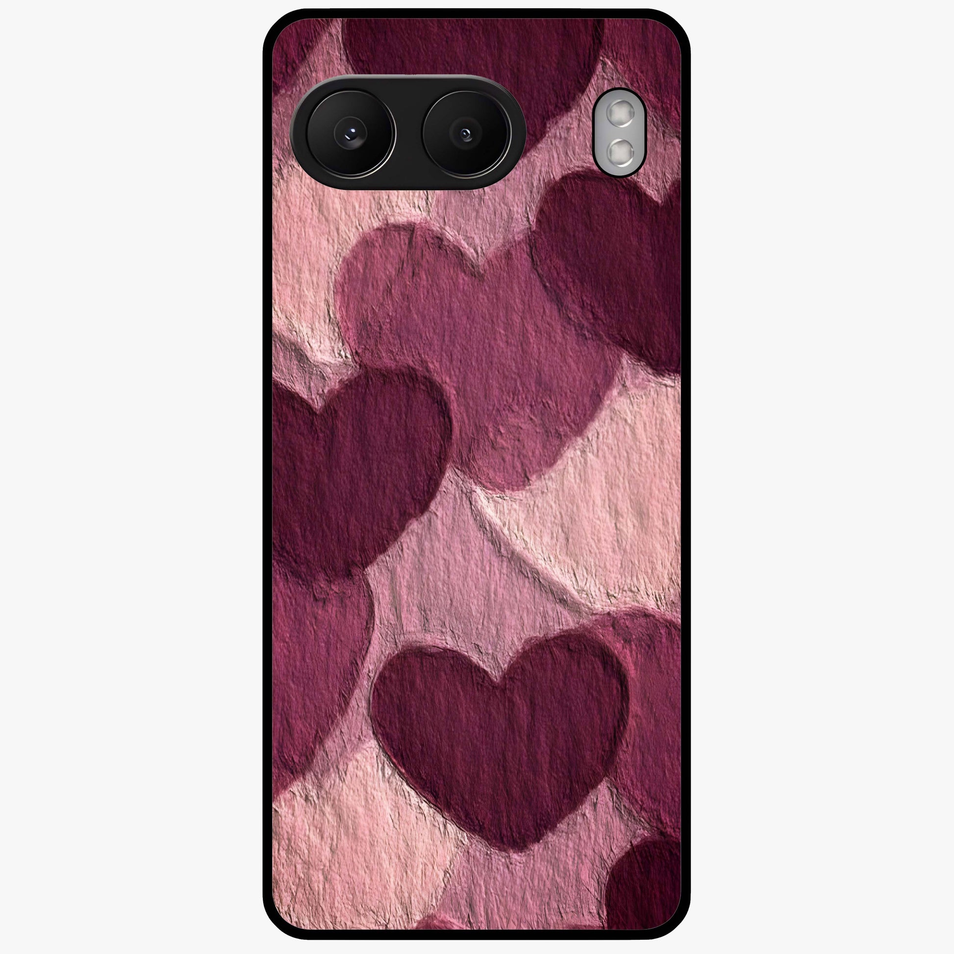 Layered Paper Hearts Glass Case for 1+Nord 4 charming front view featuring dimensional paper style heart artwork