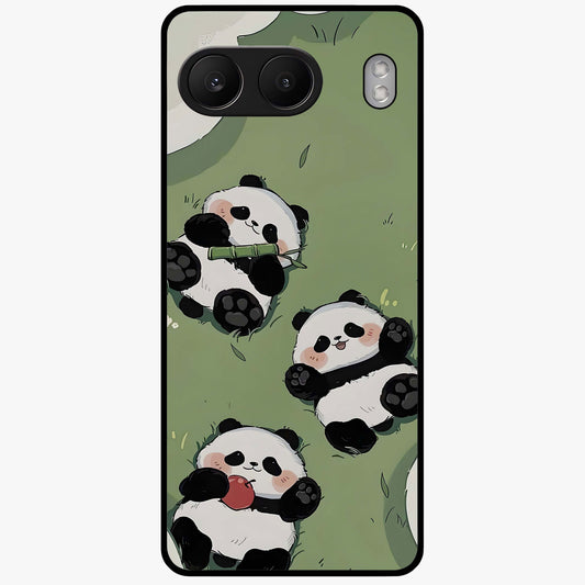 Lazy Panda Picnic Glass Case for 1+Nord 4 adorable front view featuring playful panda picnic themed artwork