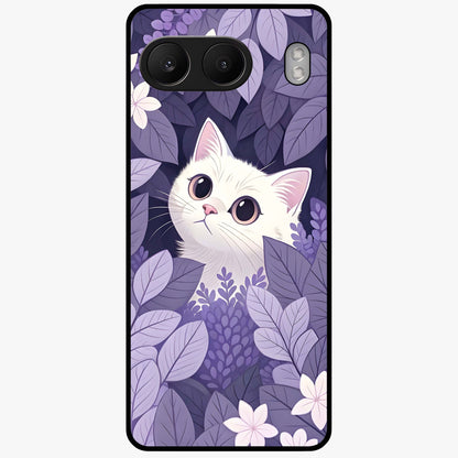 Lilac Hide Peek Cat Glass Case for 1+Nord 4 adorable front view featuring playful cat artwork in lilac tones