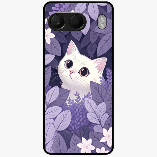 Lilac Hide Peek Cat Glass Case for 1+Nord 4 adorable front view featuring playful cat artwork in lilac tones