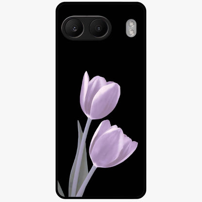 Lilac Tulip Flowers Glass Case for 1+Nord 4 elegant front view featuring tulip floral artwork in soft lilac tones