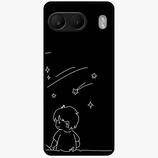 Line Art Boy With Shooting Stars Glass Case for 1+Nord 4 artistic front view featuring minimal line art character with star accents