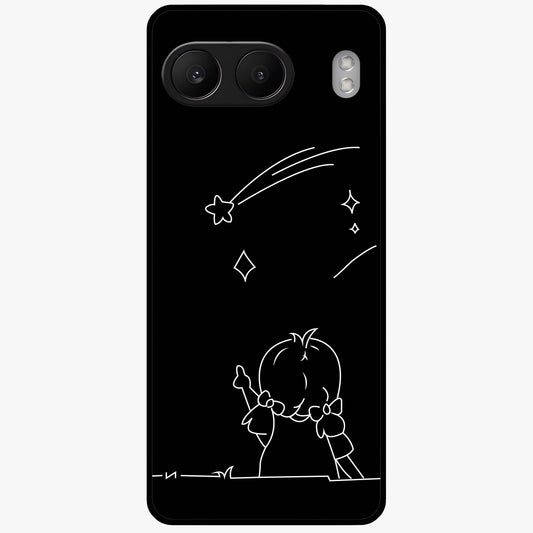 Line Art Girl With Shooting Stars Glass Case for 1+Nord 4 elegant front view featuring minimal line art character with shooting stars