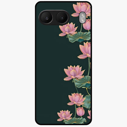 Lotus Bloom Serenity Glass Case for 1+Nord 4 peaceful front view featuring elegant lotus floral artwork