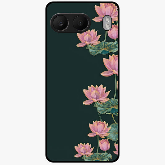 Lotus Bloom Serenity Glass Case for 1+Nord 4 peaceful front view featuring elegant lotus floral artwork