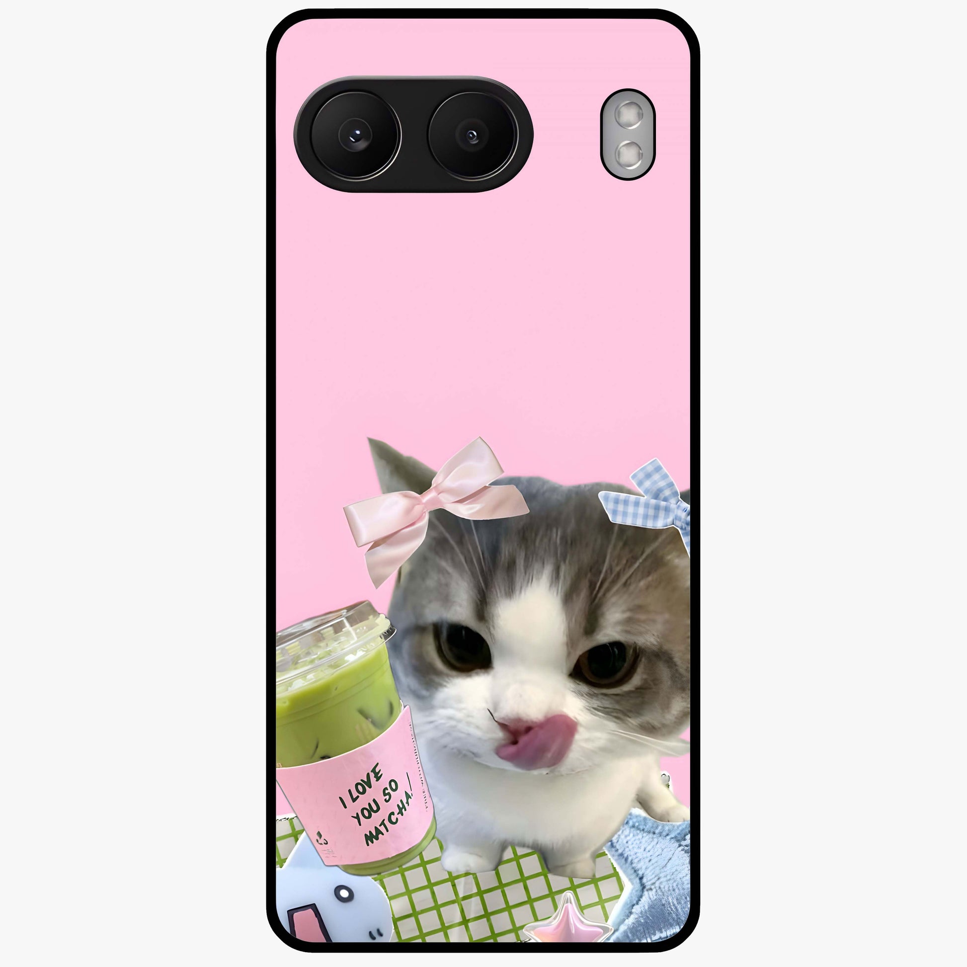 Love Matcha Cat Glass Case for 1+Nord 4 adorable front view featuring cute cat artwork with matcha theme