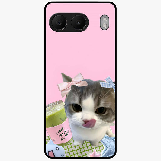 Love Matcha Cat Glass Case for 1+Nord 4 adorable front view featuring cute cat artwork with matcha theme