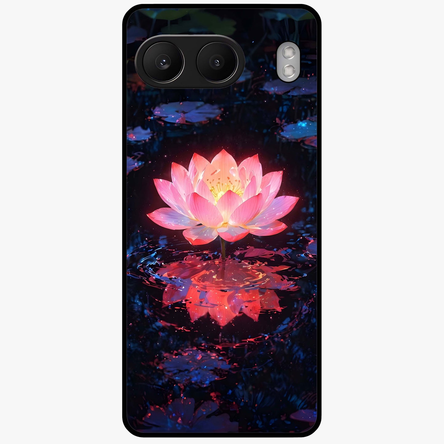 Luminous Lotus Glow Glass Case for 1+Nord 4 radiant front view featuring glowing lotus artwork