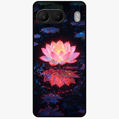 Luminous Lotus Glow Glass Case for 1+Nord 4 radiant front view featuring glowing lotus artwork