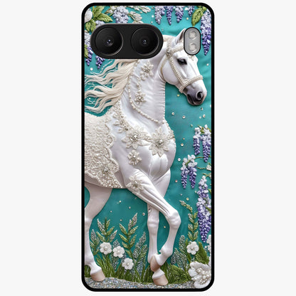 Majestic Floral Stallion Glass Case for 1+Nord 4 powerful front view featuring horse artwork blended with floral detailing