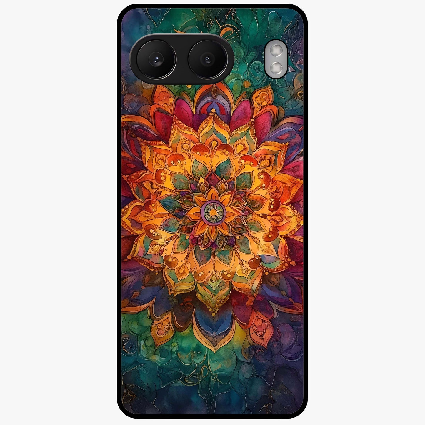 Mandala Vibrants Glass Case for 1+Nord 4 artistic front view featuring colorful mandala pattern artwork
