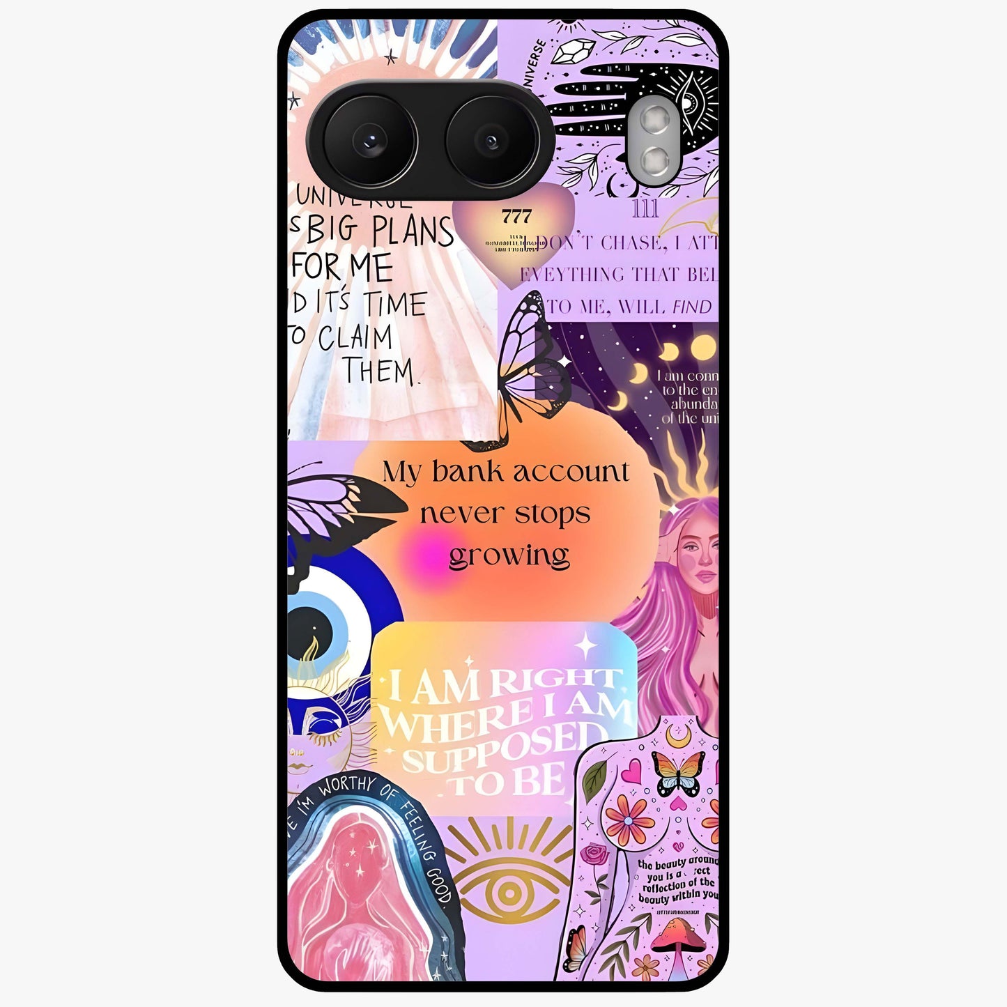 Manifestation Collage Glass Case for 1+Nord 4 creative front view featuring aesthetic vision board collage artwork