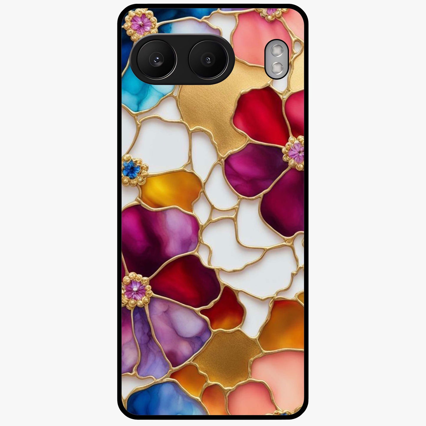 Marble Flower Pattern Glass Case for 1+Nord 4 stylish front view featuring floral artwork blended with marble texture