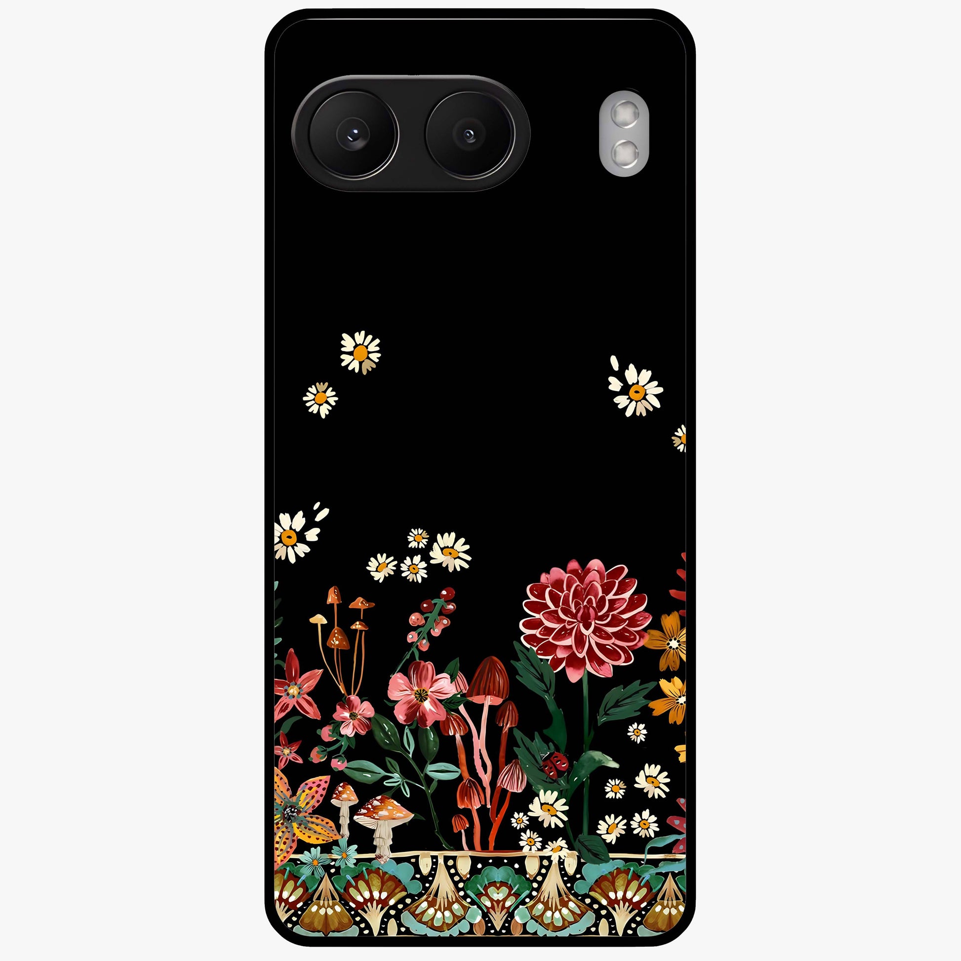 Midnight Bloom Pattern Glass Case for 1+Nord 4 elegant front view featuring floral artwork on deep night background