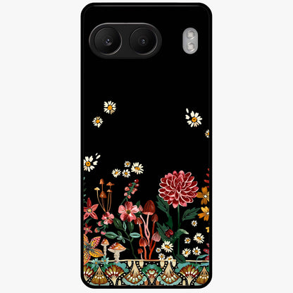Midnight Bloom Pattern Glass Case for 1+Nord 4 elegant front view featuring floral artwork on deep night background