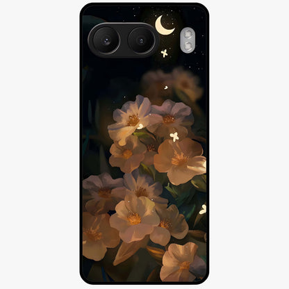 Midnight Bloom Trail Glass Case for 1+Nord 4 artistic front view featuring flowing floral trail artwork in dark tones