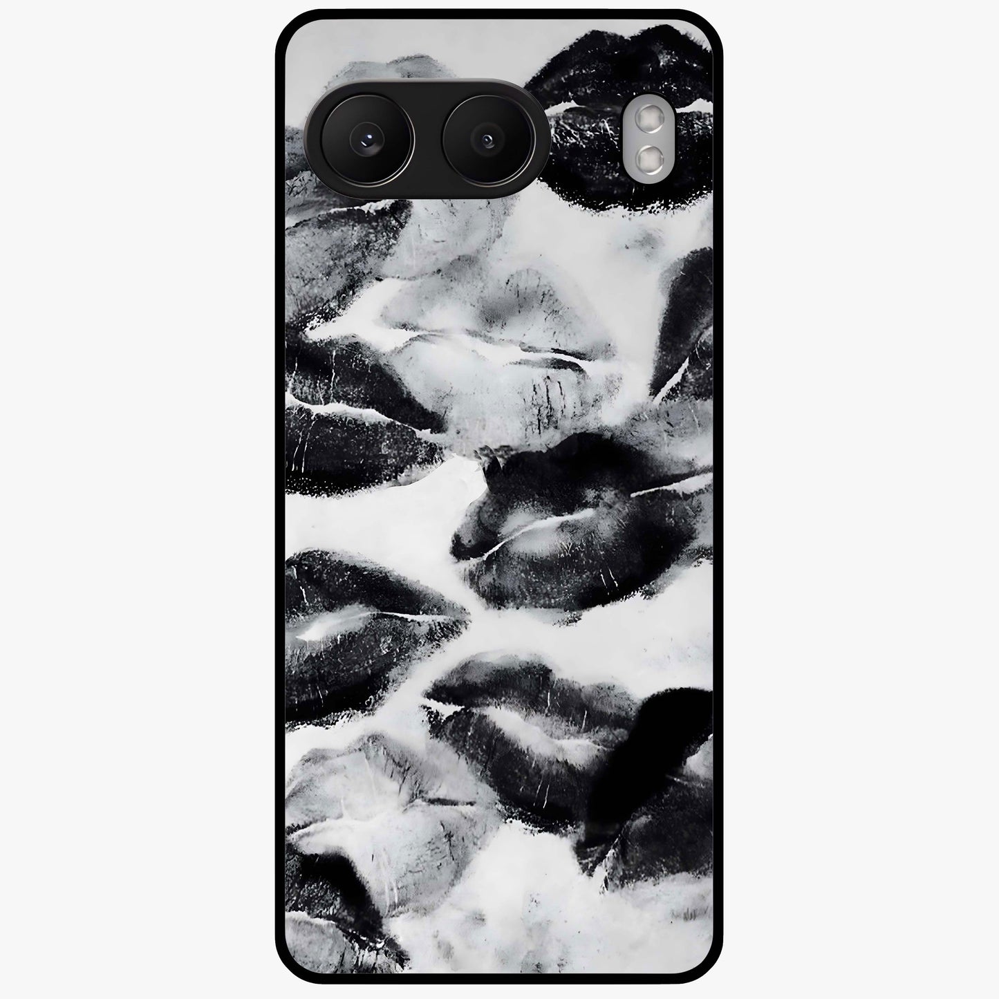 Midnight Kiss Marks Glass Case for 1+Nord 4 bold front view featuring romantic kiss mark artwork on dark background