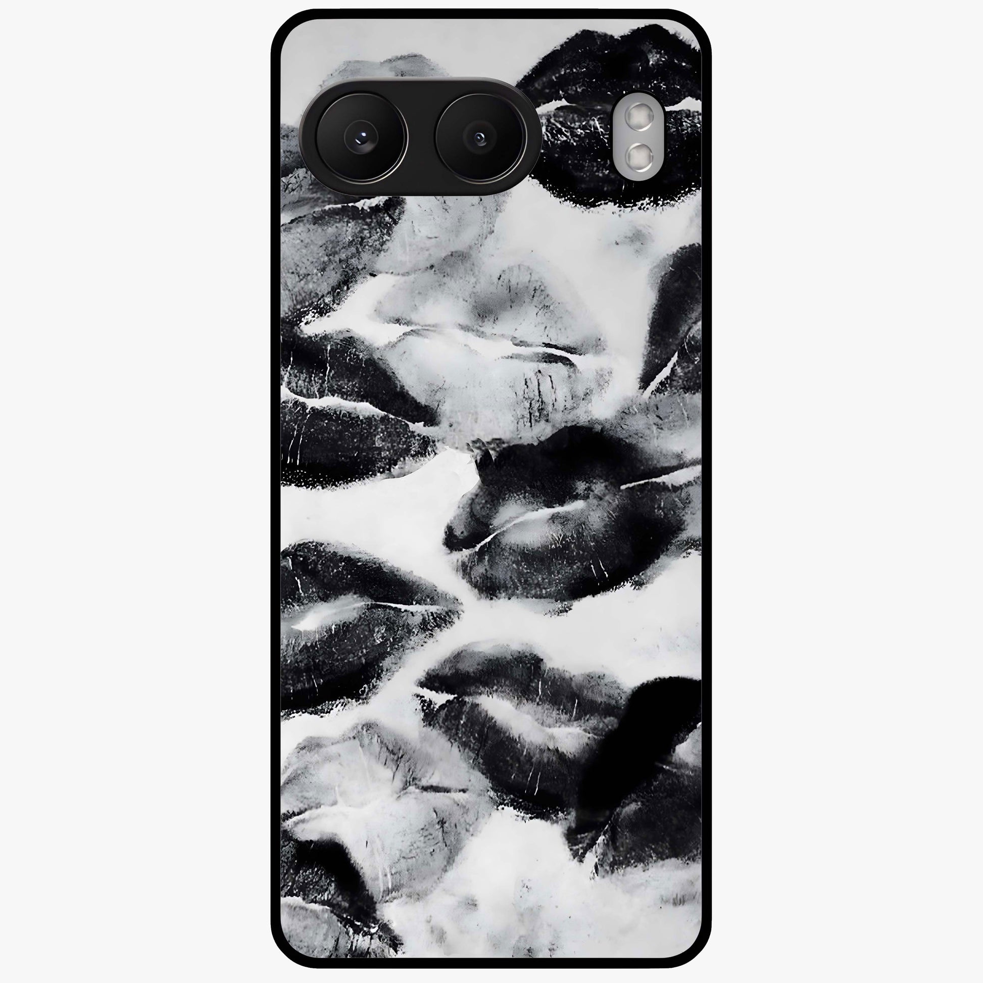 Midnight Kiss Marks Glass Case for 1+Nord 4 bold front view featuring romantic kiss mark artwork on dark background