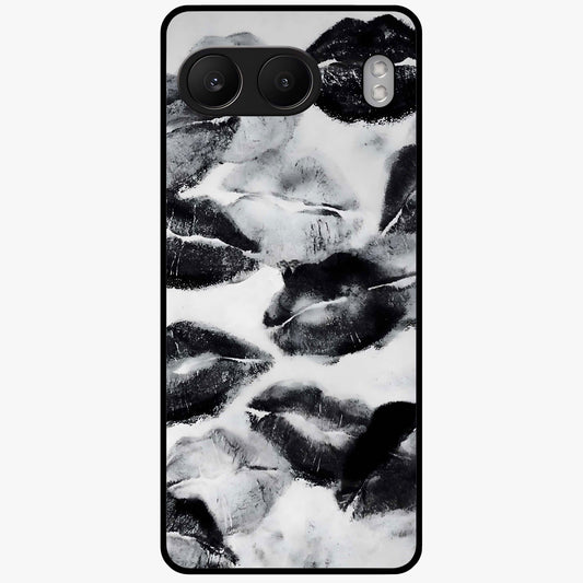 Midnight Kiss Marks Glass Case for 1+Nord 4 bold front view featuring romantic kiss mark artwork on dark background