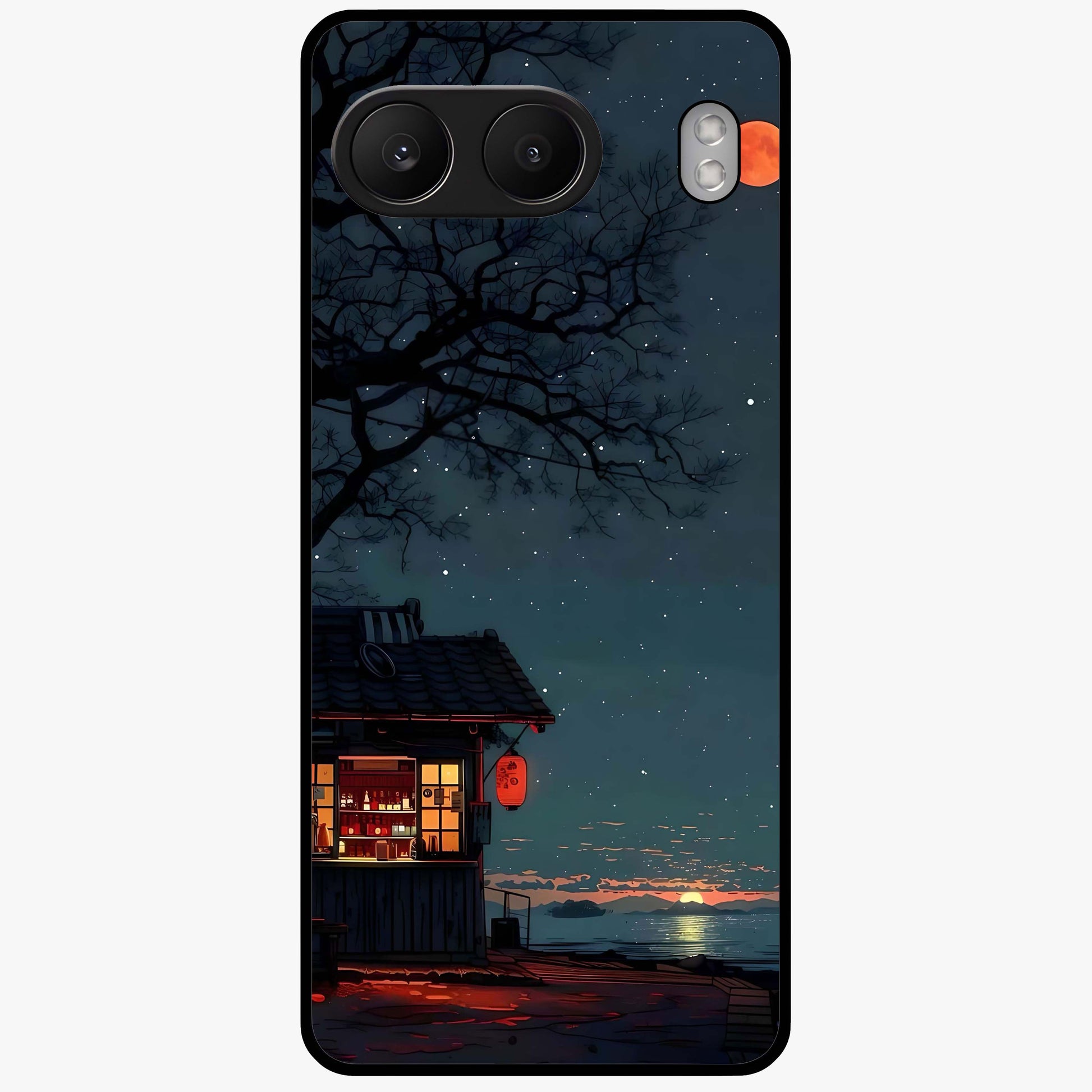Midnight Lantern Glow Glass Case for 1+Nord 4 serene front view featuring glowing lantern artwork under night sky