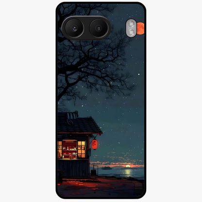 Midnight Lantern Glow Glass Case for 1+Nord 4 serene front view featuring glowing lantern artwork under night sky