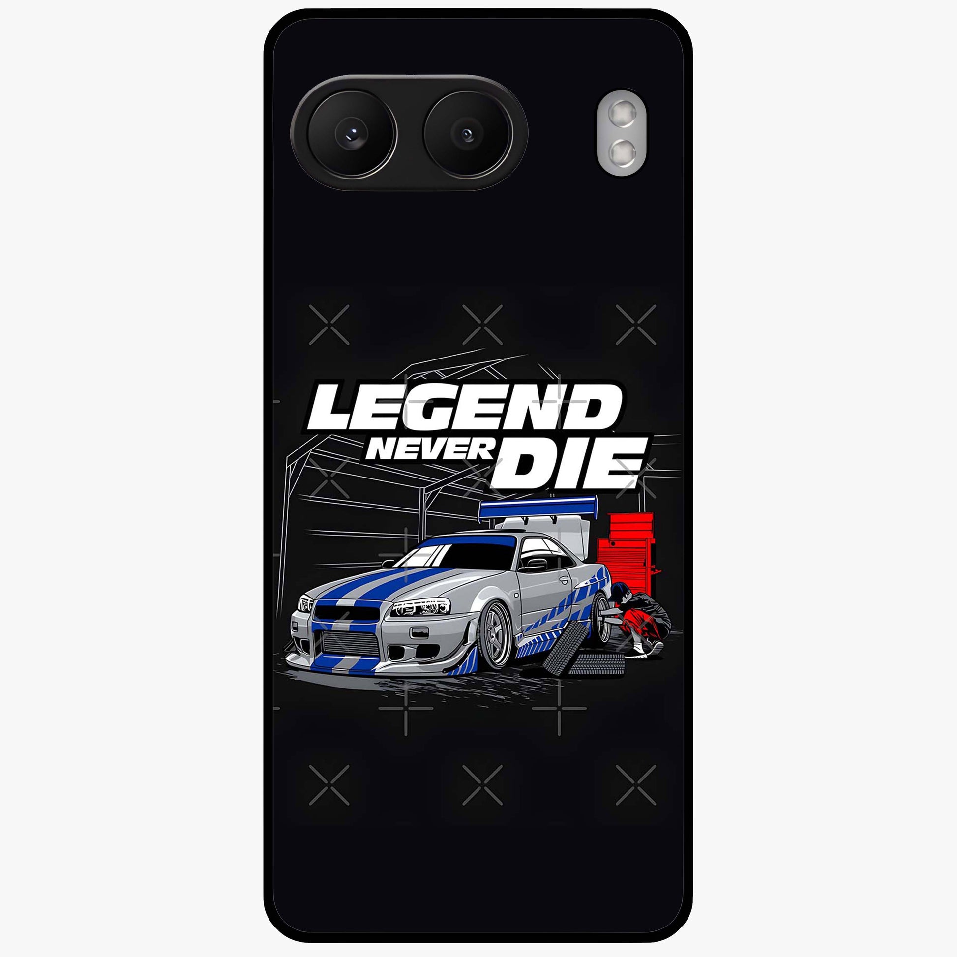 Midnight Racing Legacy Glass Case for 1+Nord 4 bold front view featuring racing inspired artwork in dark tones